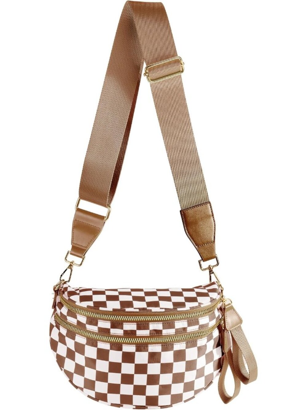 〽️Women's Light Brown Bum Travel Purse Checkered Nylon Spacious Crossbody Bags